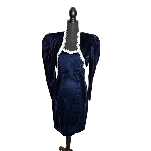 Vintage 80s Steppin' Out Midnight Blue Velvet Dress & Bolero Jacket Set Junior 7 - Picture 1 of 16